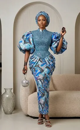 Ensemble Jupe  Bleu Marbré à Manches Bouffantes